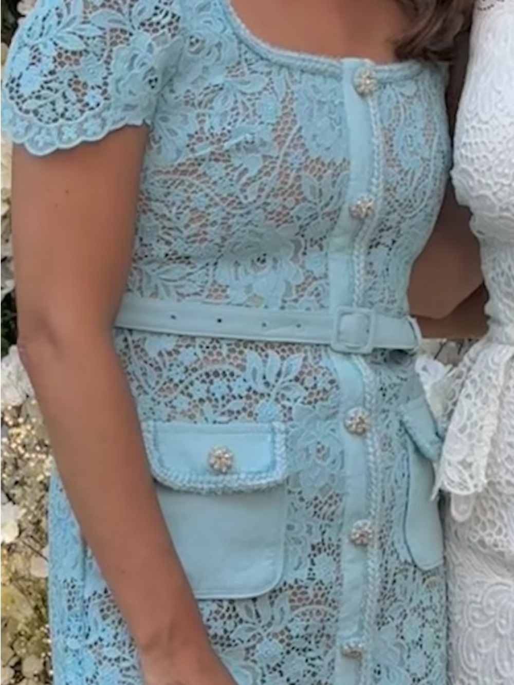 Self-Portrait Light Blue Lace Dress with Buttons and Belt